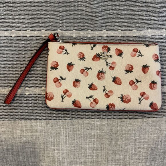 Coach Fruit Print Wristlet Strawberry Cherry Berries Red F23675 Zipper Chalk - Picture 1 of 6